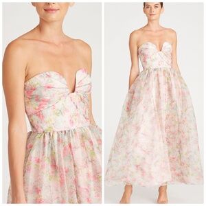 ML Monique Lhuillier Floral Organza Strapless Pink Midi Dress Sweetheart Size 8